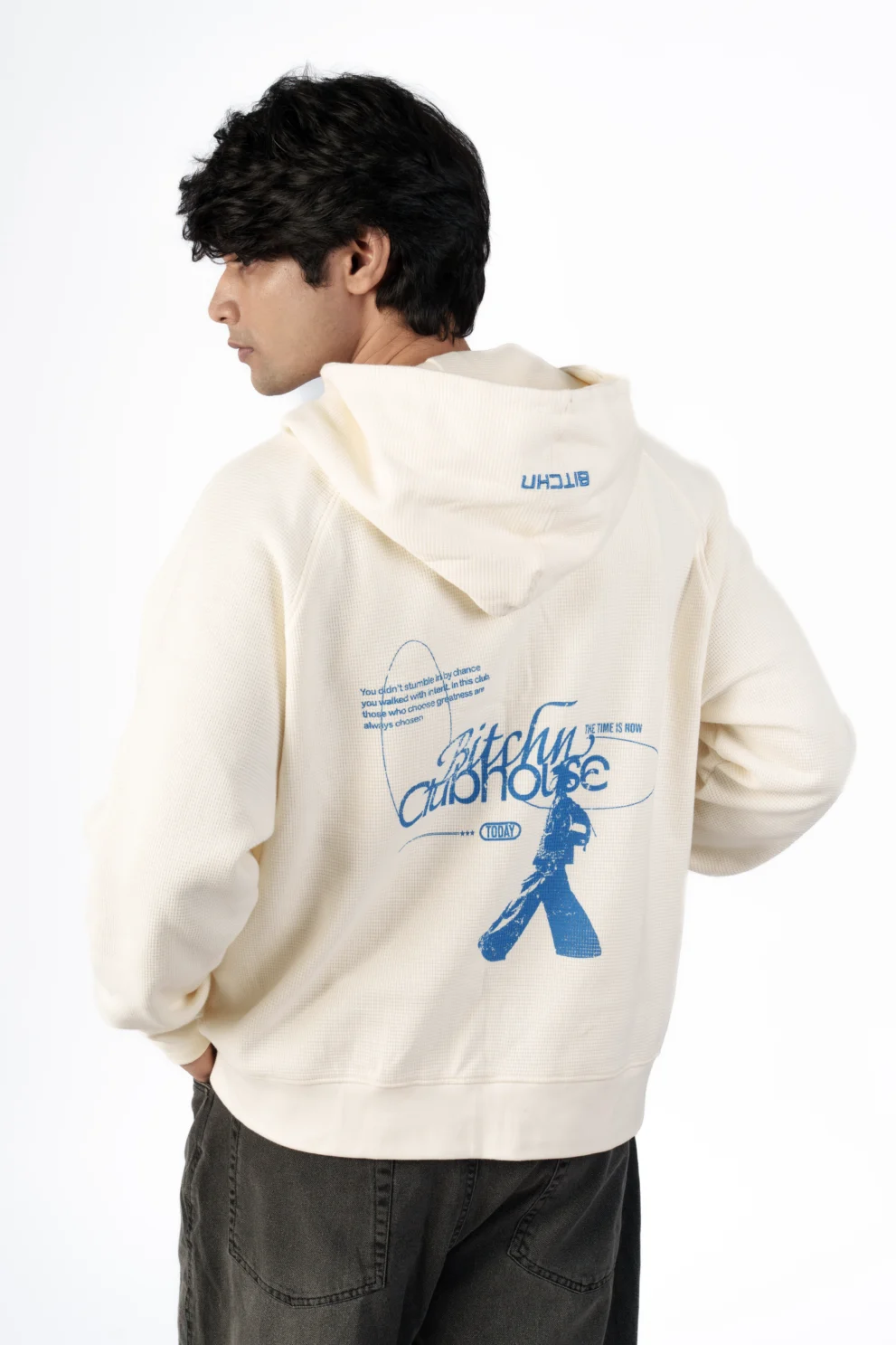 Oversized white hoodie with bold blue back print and relaxed streetwear fit